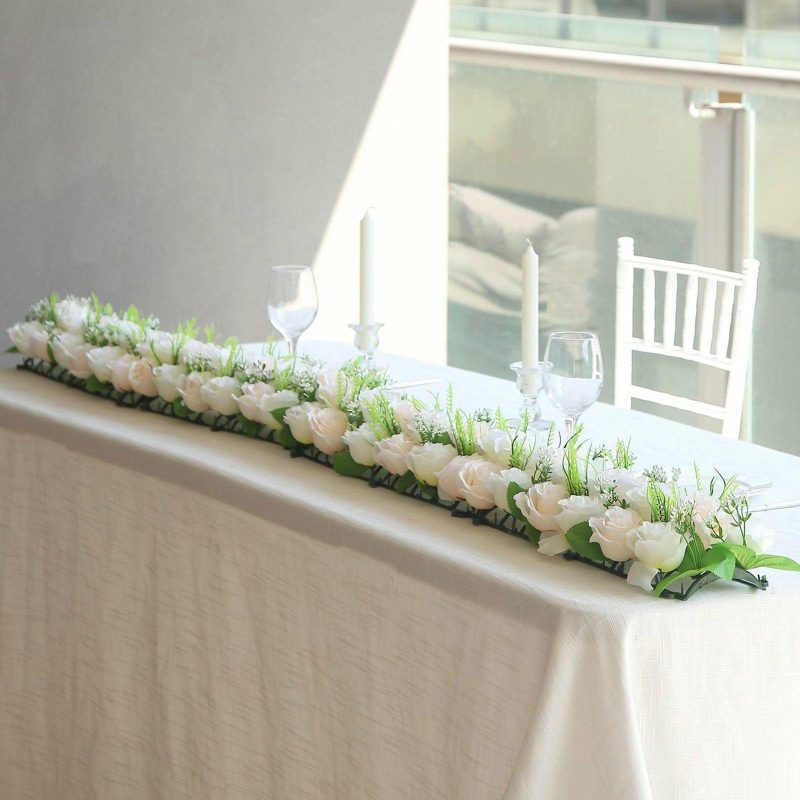 6 Pack Cream Ivory Silk Rose Flower Panel Table Runner, Artificial Floral Arrangements Dining Table Decor – 20″x8″  |   Stylish Stylish Cream