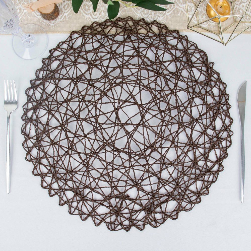 6 Pack Dark Brown Woven Fiber Placemats, Round Table Mats 15″  |   Disposable Chargers & Placemats Charger Plates Dark Brown