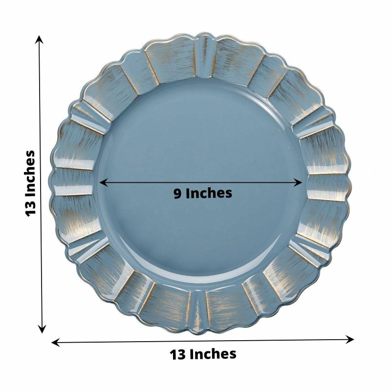 6 Pack Dusty Blue Acrylic Plastic Charger Plates With Gold Brushed Wavy Scalloped Rim 13″ Round  |   Acrylic Charger Plates Acrylic Charger Plates Acrylic Charger Plates