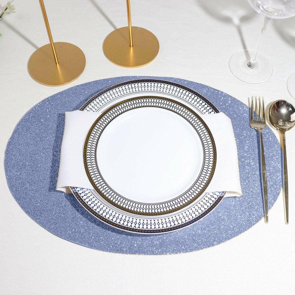 6 Pack Dusty Blue Sparkle Placemats, Non Slip Decorative Oval Glitter Table Mat  |   Reusable Placemats Charger Plates Dusty Blue