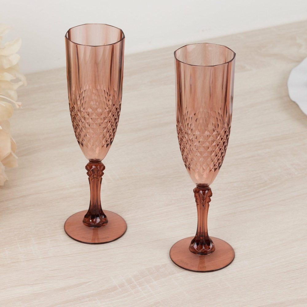 6 Pack Dusty Rose Crystal Cut Reusable Plastic Champagne Glasses, Shatterproof Wedding Toast Flute Glasses 8oz  |   Champagne Glasses & Flutes Champagne Glasses & Flutes Champagne Glasses & Flutes