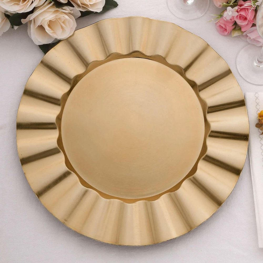 6 Pack Gold Acrylic Plastic Charger Plates With Wavy Scalloped Rim, Round Disposable Serving Plates 13″  |   Acrylic Charger Plates Acrylic Charger Plates Acrylic Charger Plates