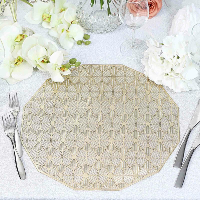 6 Pack Gold Geometric Woven Vinyl Placemats, Non-Slip Dining Table Mats 15″  |   Reusable Placemats Charger Plates Reusable Placemats