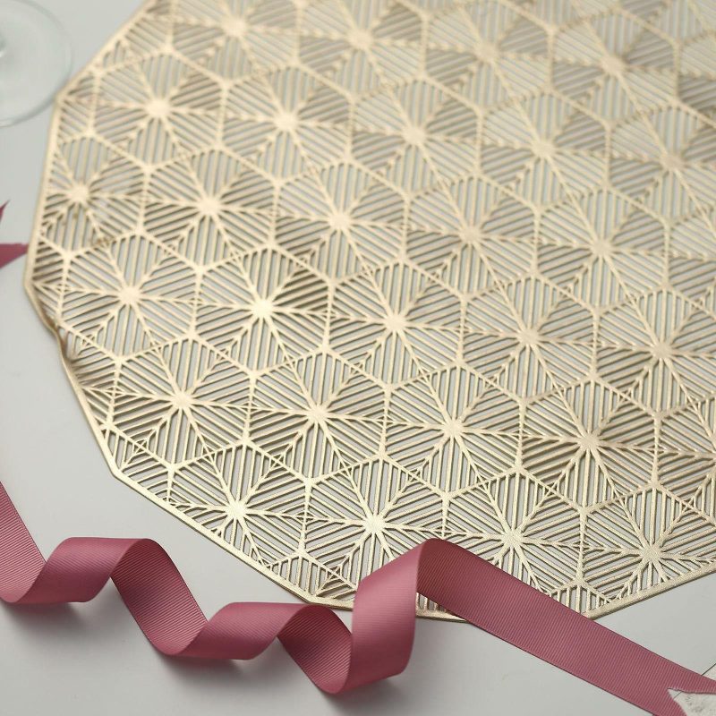 6 Pack Gold Geometric Woven Vinyl Placemats, Non-Slip Dining Table Mats 15″  |   Reusable Placemats Charger Plates Reusable Placemats