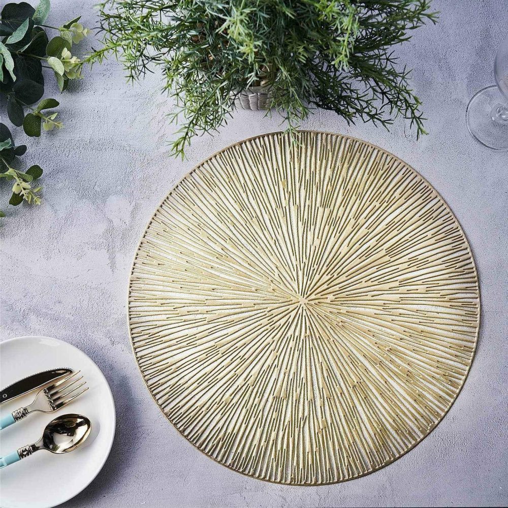 6 Pack Gold Metallic Non-Slip Placemats, Spiked Design Round Vinyl Table Mats 15″  |   Reusable Placemats Charger Plates Gold