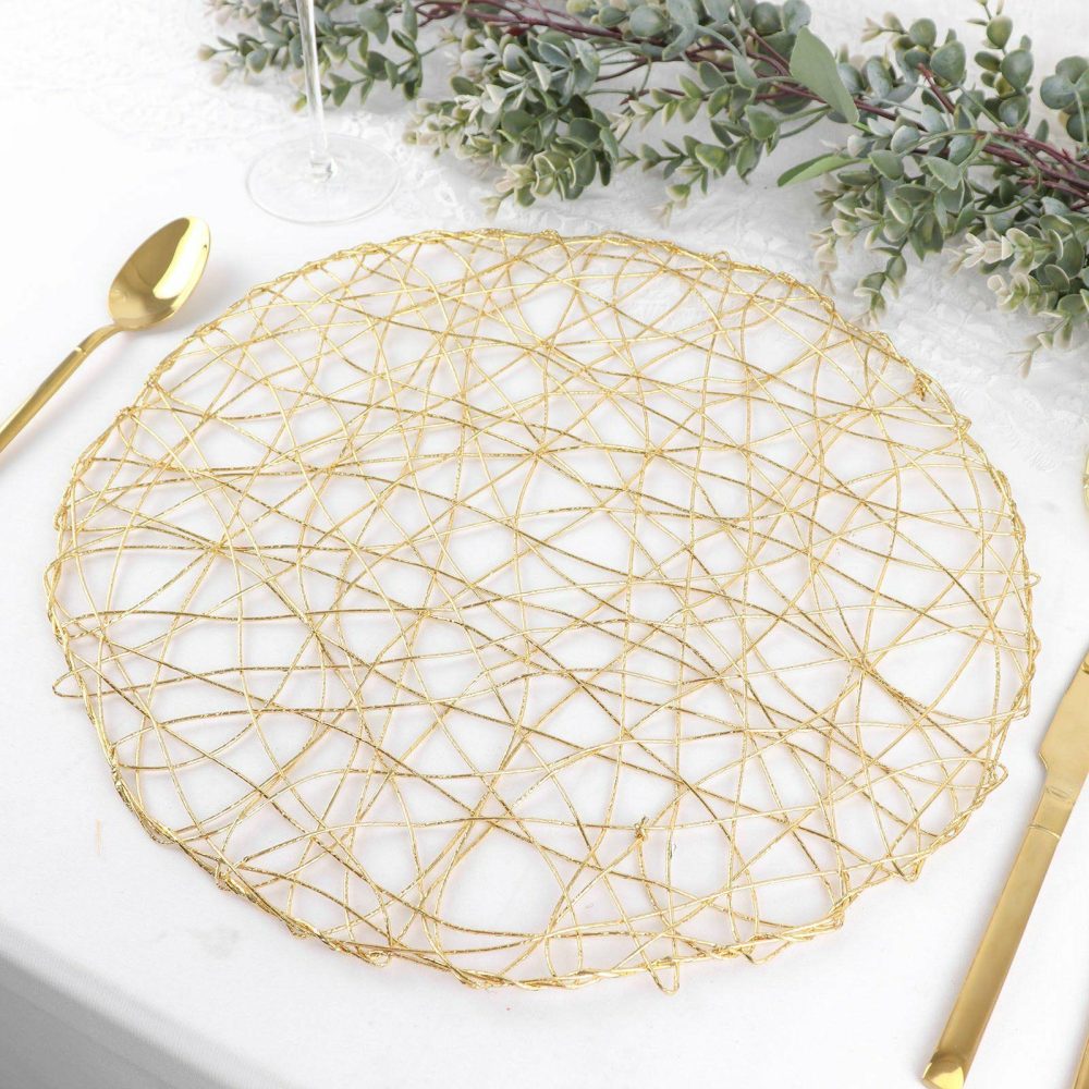 6 Pack Gold Metallic String Woven Placemats, Round Table Mats 15″  |   Reusable Placemats Charger Plates Gold