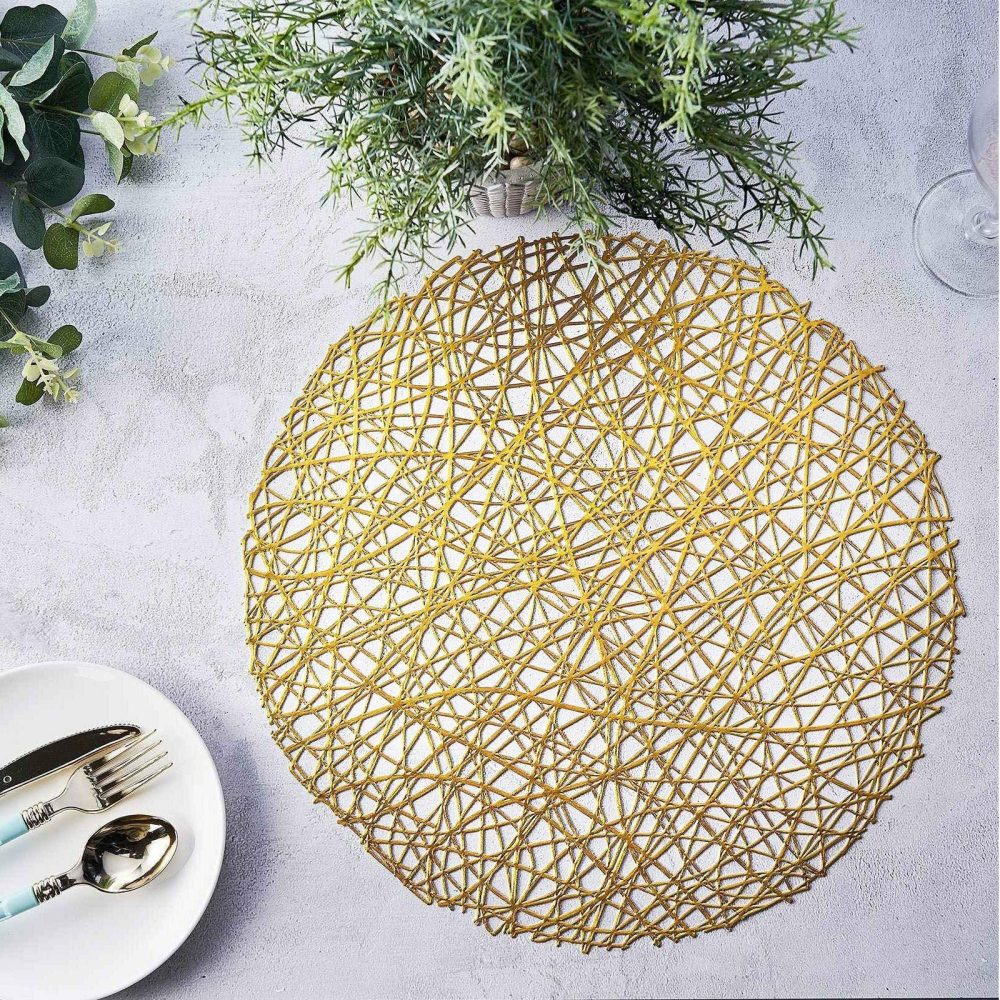 6 Pack Gold Metallic Woven Vinyl Placemats, Non-Slip Round Table Mats 15″  |   Reusable Placemats Charger Plates Gold