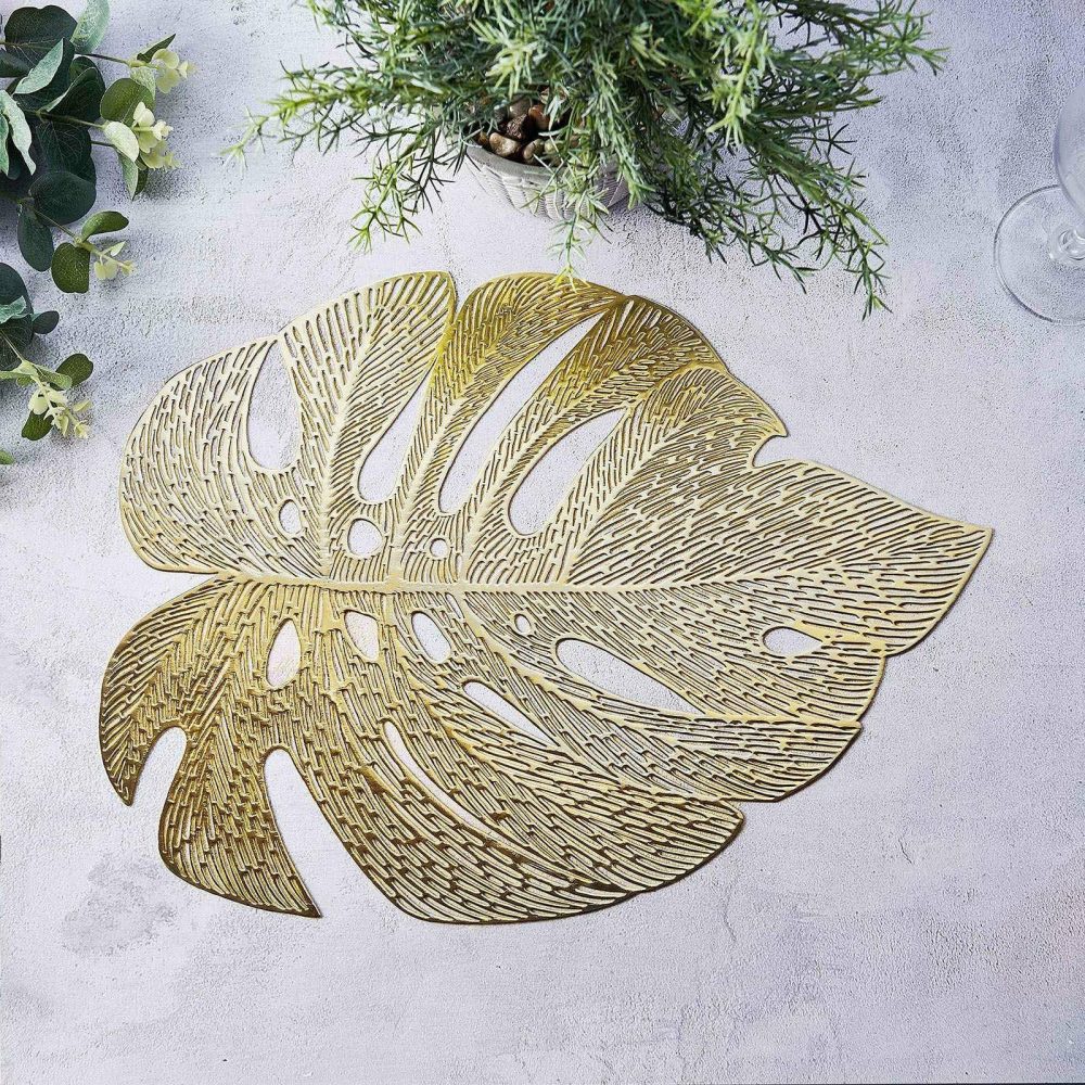 6 Pack Gold Monstera Leaf Vinyl Placemats, Non-Slip Dining Table Mats 18″  |   Reusable Placemats Charger Plates Gold