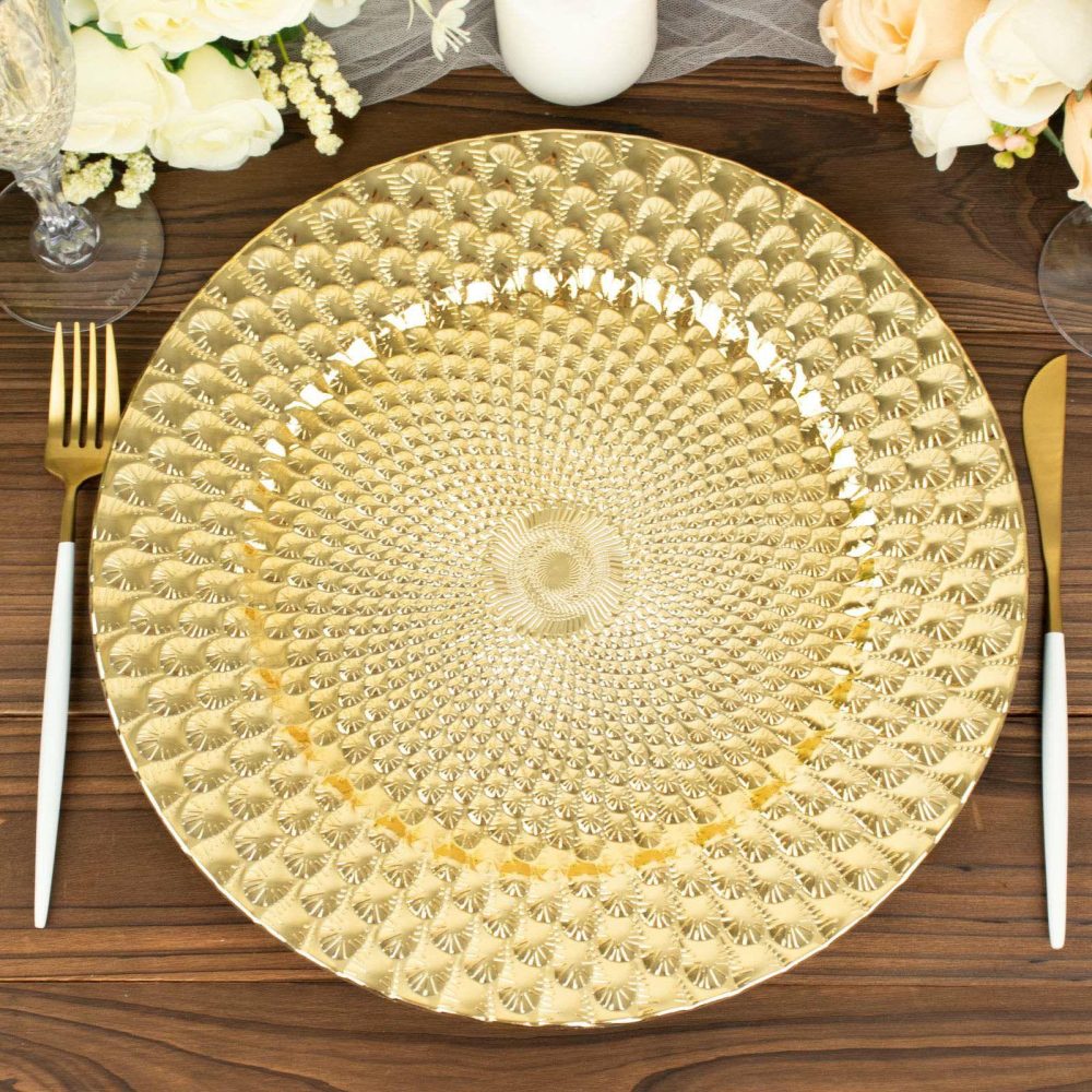 6 Pack Gold Peacock Pattern Plastic Serving Plates, Round Disposable Charger Plates 13″  |   Acrylic Charger Plates Acrylic Charger Plates Acrylic Charger Plates