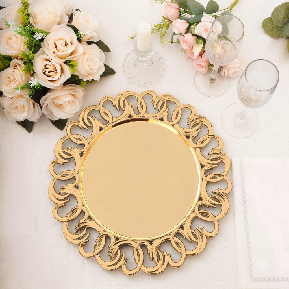 6 Pack Gold Plastic Charger Plates With Entwined Swirl Rim, Round Disposable Serving Plates -13″  |   Acrylic Charger Plates Acrylic Charger Plates Acrylic Charger Plates