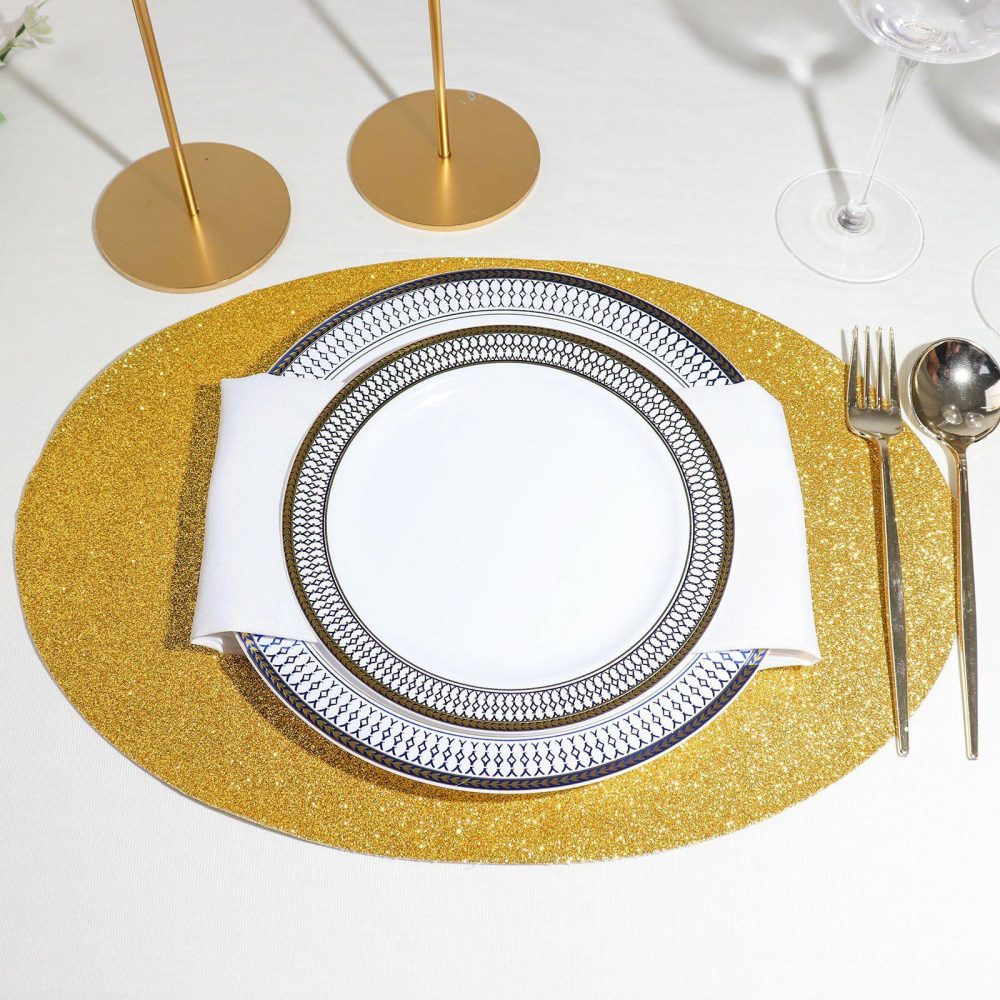 6 Pack Gold Sparkle Placemats, Non Slip Decorative Oval Glitter Table Mat  |   Reusable Placemats Charger Plates Gold