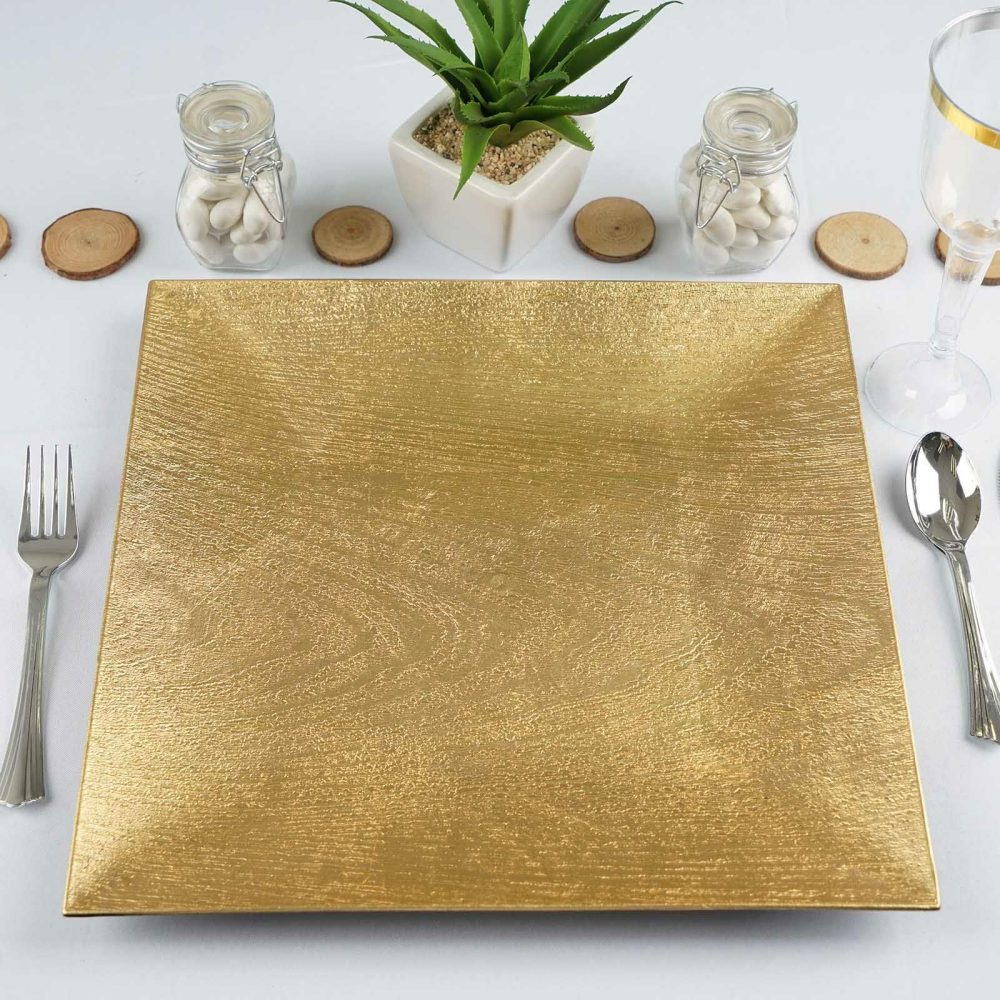 6 Pack Gold Square Embossed Wood Grain Acrylic Charger Plates, Boho Chic Table Decor 12″  |   Acrylic Charger Plates Acrylic Charger Plates Acrylic Charger Plates