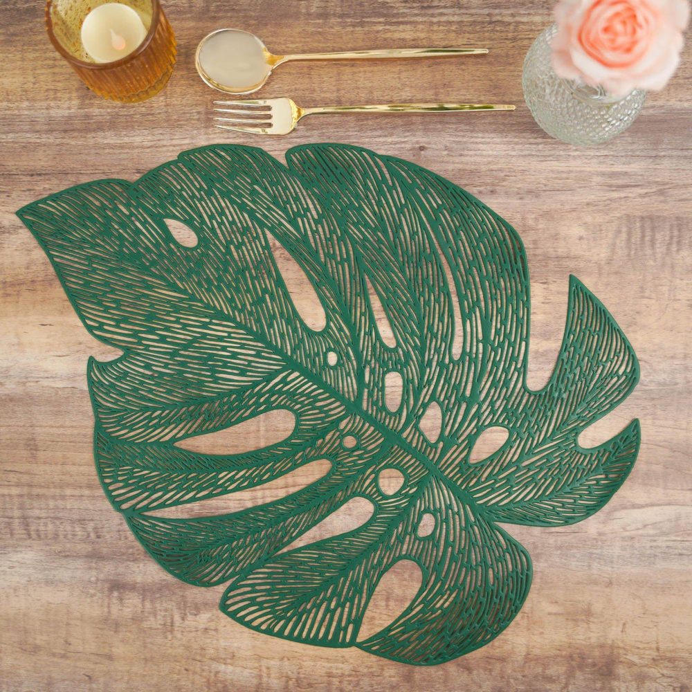 6 Pack Green Monstera Leaf Vinyl Placemats, Non-Slip Dining Table Mats 18″  |   Reusable Placemats Charger Plates Green