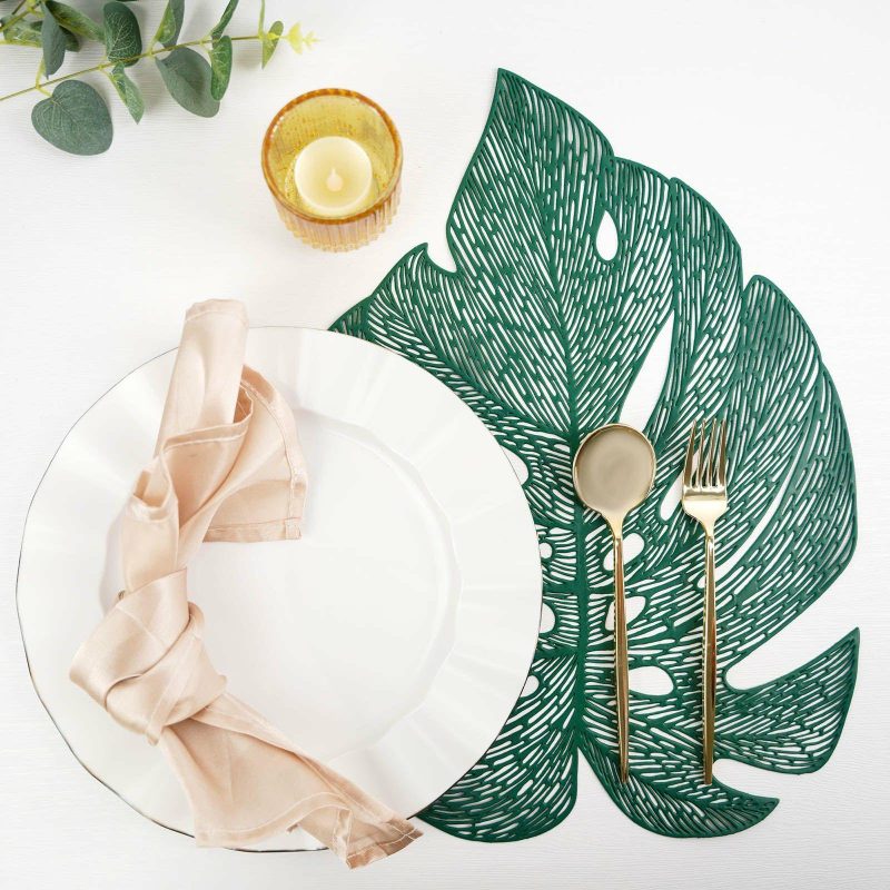 6 Pack Green Monstera Leaf Vinyl Placemats, Non-Slip Dining Table Mats 18″  |   Reusable Placemats Charger Plates Green