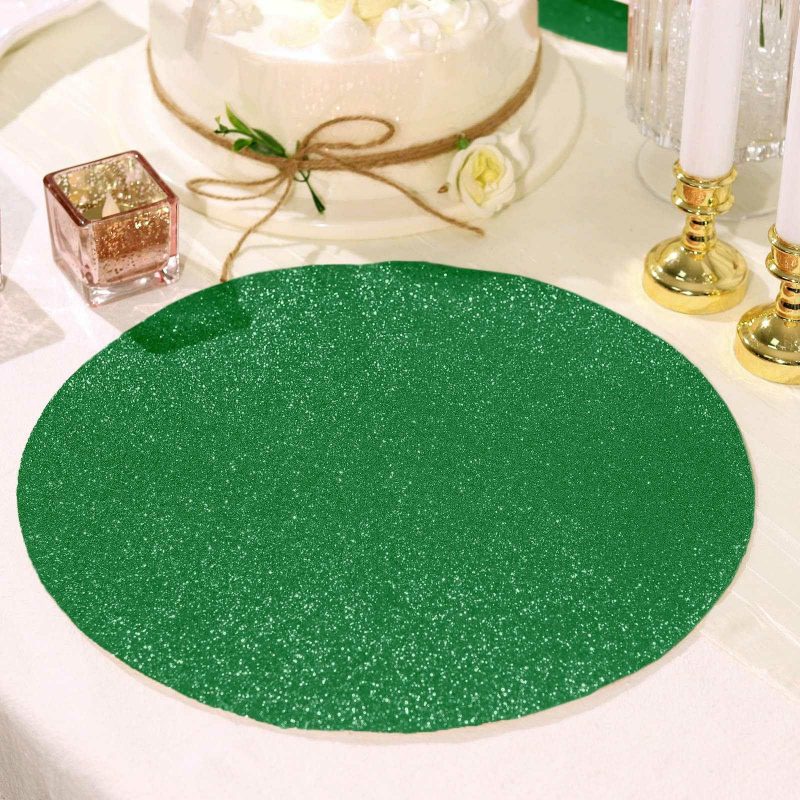 6 Pack Green Round Sparkle Placemats, Non Slip Glitter Decorative Table Mats  |   Reusable Placemats Charger Plates Green