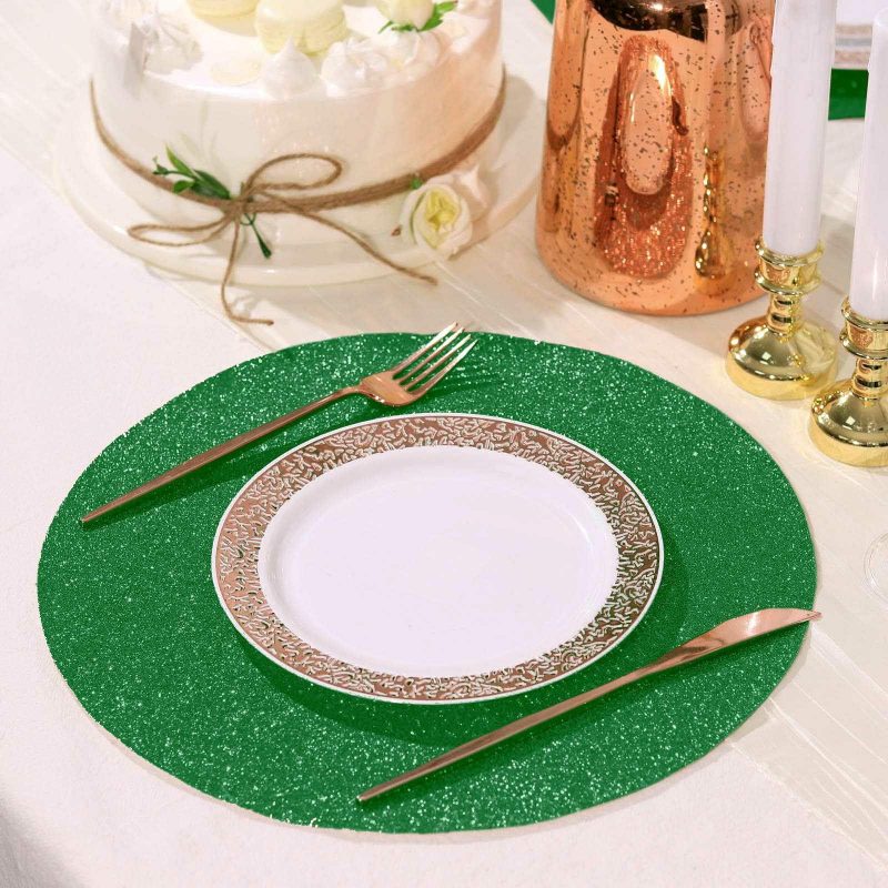 6 Pack Green Round Sparkle Placemats, Non Slip Glitter Decorative Table Mats  |   Reusable Placemats Charger Plates Green