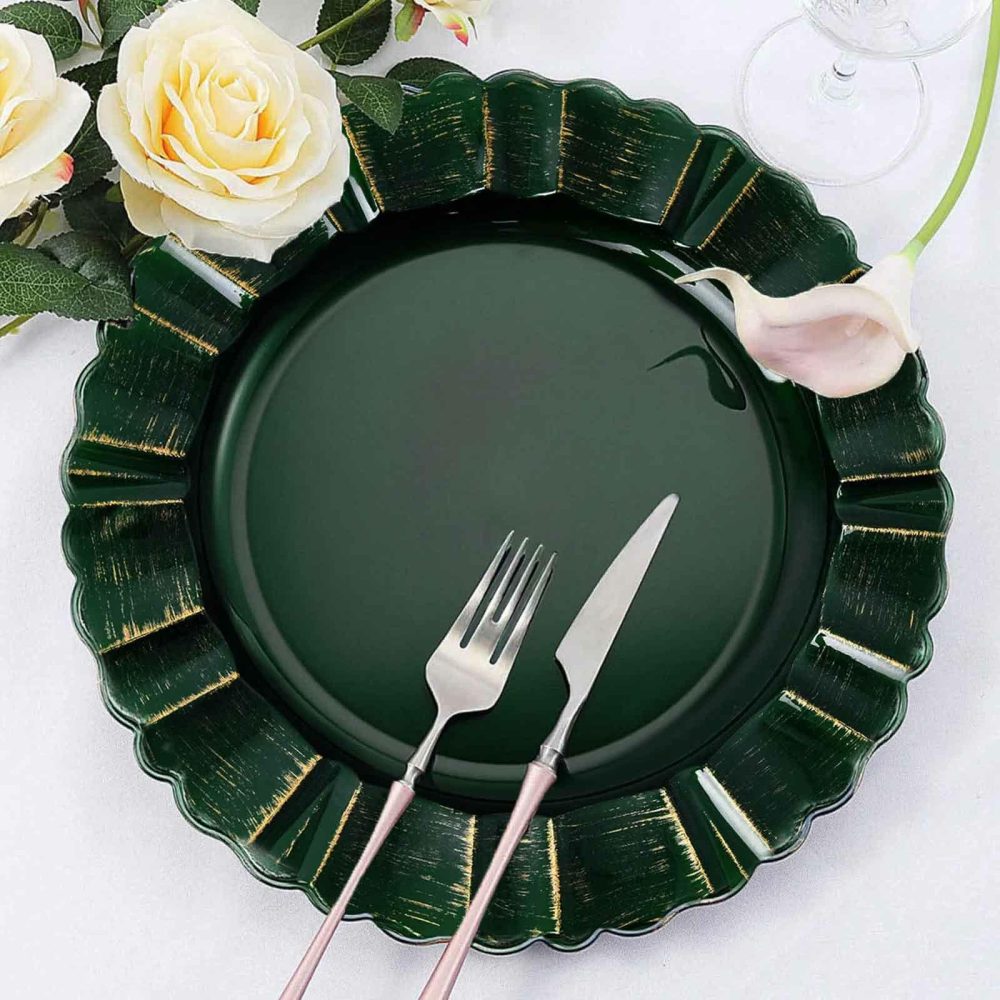 6 Pack Hunter Emerald Green Acrylic Plastic Charger Plates With Gold Brushed Wavy Scalloped Rim 13″ Round  |   Acrylic Charger Plates Acrylic Charger Plates Acrylic Charger Plates