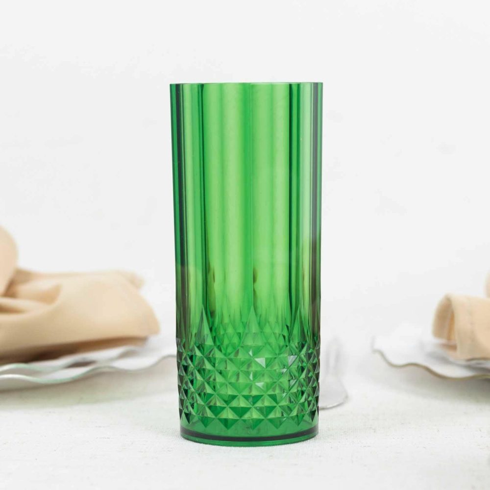 6 Pack Hunter Emerald Green Crystal Cut Reusable Plastic Highball Drink Glasses, Shatterproof Tall Cocktail Tumbler Cups – 14oz  |   All Purpose Glasses & Tumblers All Purpose Glasses & Tumblers All Purpose Glasses & Tumblers