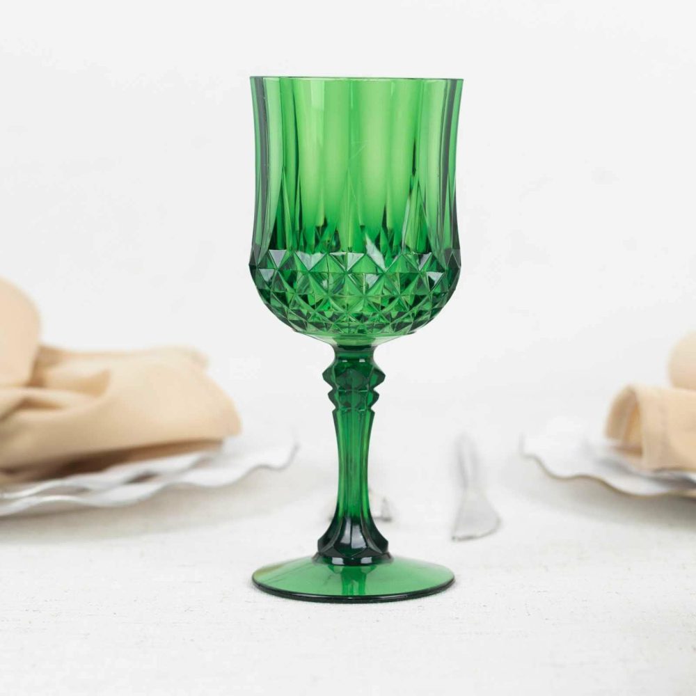 6 Pack Hunter Emerald Green Crystal Cut Reusable Plastic Wine Glasses, Shatterproof Cocktail Goblets 8oz  |   Champagne Glasses & Flutes Champagne Glasses & Flutes Champagne Glasses & Flutes