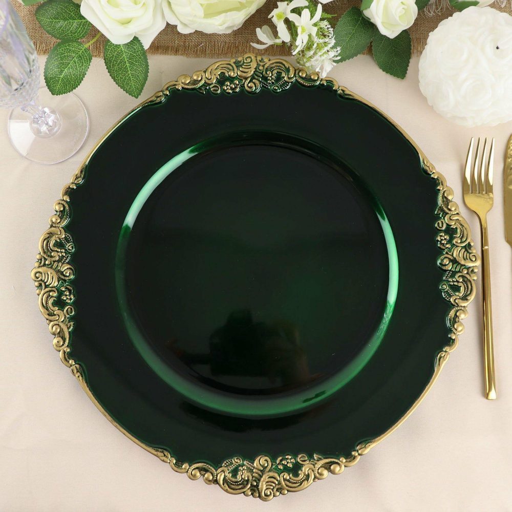 6 Pack Hunter Emerald Green Gold Embossed Baroque Round Charger Plates With Antique Design Rim 13″  |   Acrylic Charger Plates Acrylic Charger Plates Acrylic Charger Plates