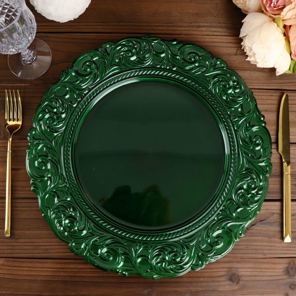 6 Pack Hunter Emerald Green Vintage Plastic Serving Plates With Engraved Baroque Rim, Round Disposable Charger Plates 14″  |   Acrylic Charger Plates Acrylic Charger Plates Acrylic Charger Plates