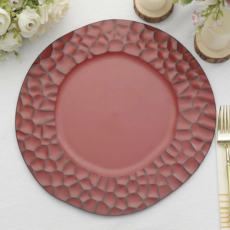 6 Pack Matte Finish Burgundy Hammered Charger Plates, Flat Modern Dinner Serving Plates – 13″  |   Acrylic Charger Plates Charger Plates Acrylic Charger Plates