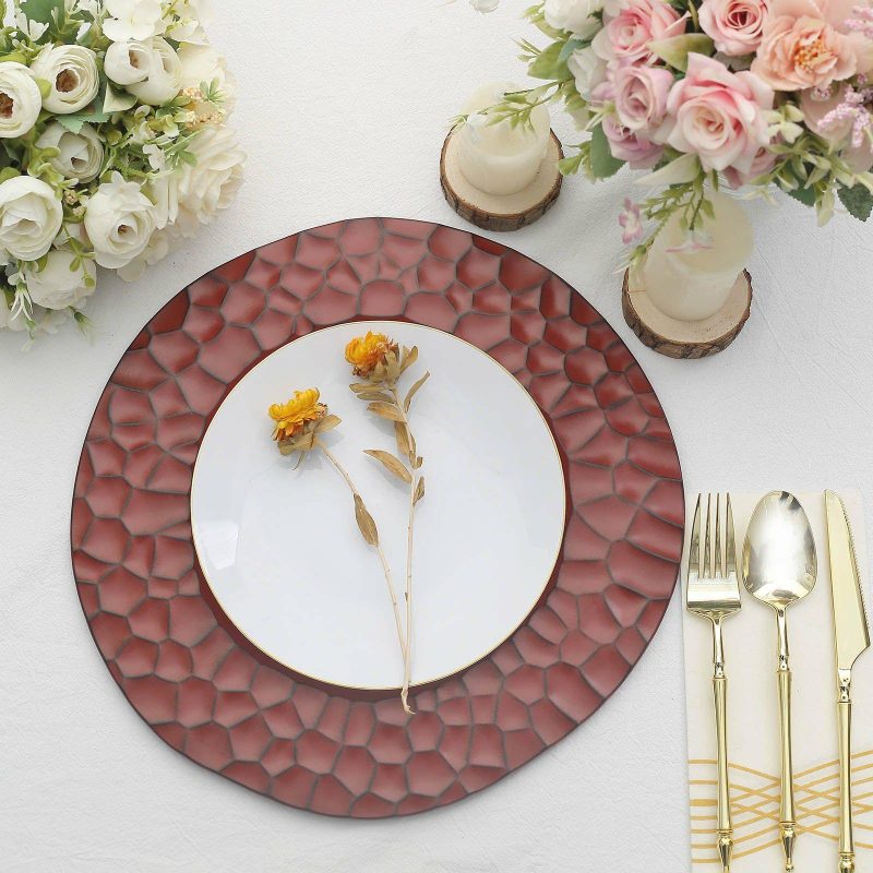 6 Pack Matte Finish Burgundy Hammered Charger Plates, Flat Modern Dinner Serving Plates – 13″  |   Acrylic Charger Plates Charger Plates Acrylic Charger Plates