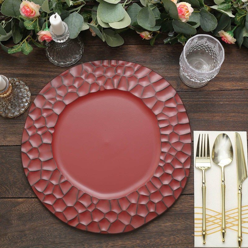 6 Pack Matte Finish Burgundy Hammered Charger Plates, Flat Modern Dinner Serving Plates – 13″  |   Acrylic Charger Plates Charger Plates Acrylic Charger Plates