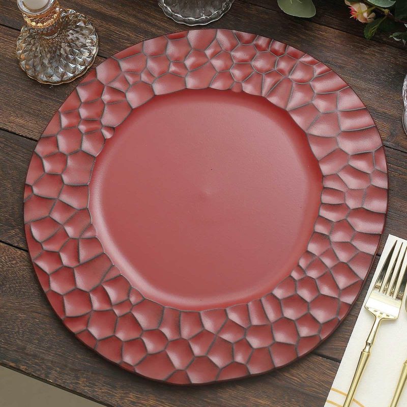 6 Pack Matte Finish Burgundy Hammered Charger Plates, Flat Modern Dinner Serving Plates – 13″  |   Acrylic Charger Plates Charger Plates Acrylic Charger Plates