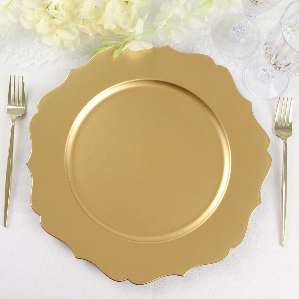 6 Pack Metallic Gold Acrylic Charger Plates Scalloped Rim, Gold Plastic Charger Plates 13″  |   Acrylic Charger Plates Acrylic Charger Plates Acrylic Charger Plates