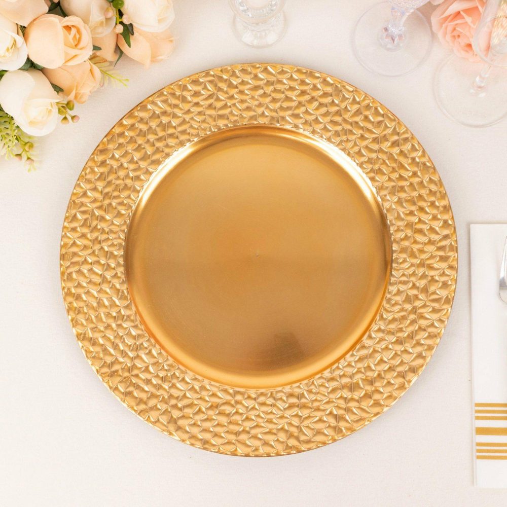 6 Pack Metallic Gold Acrylic Charger Plates With Hammered Rim, 13″ Round Decorative Serving Plates  |   Acrylic Charger Plates Acrylic Charger Plates Acrylic Charger Plates