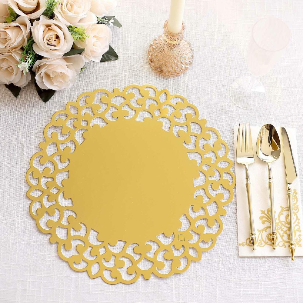 6 Pack Metallic Gold Laser Cut Cardboard Placemats with Floral Rim, 13″ Round Disposable Dining Table Mats – 400GSM  |   Paper Chargers & Trays Paper Chargers & Trays Floral Rim