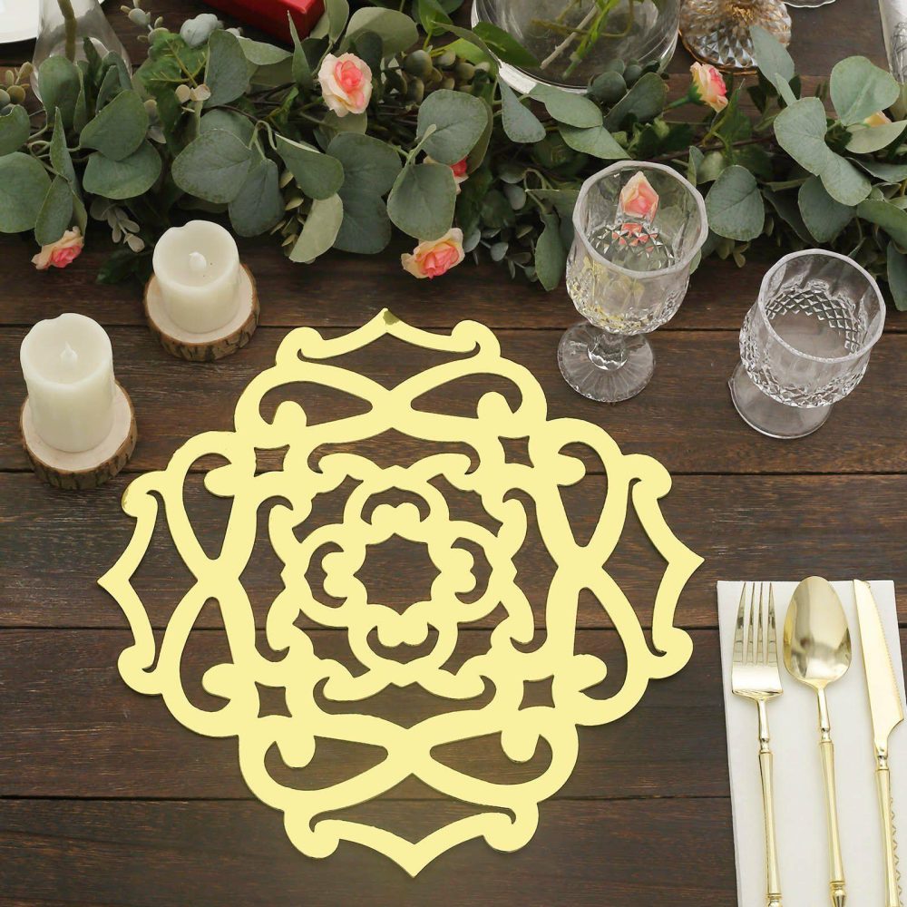 6 Pack Metallic Gold Laser Cut Flower Design Cardboard Placemats, 13″ Disposable Dining Table Mats – 700 GSM  |   Disposable Chargers & Placemats Charger Plates Disposable Chargers & Placemats