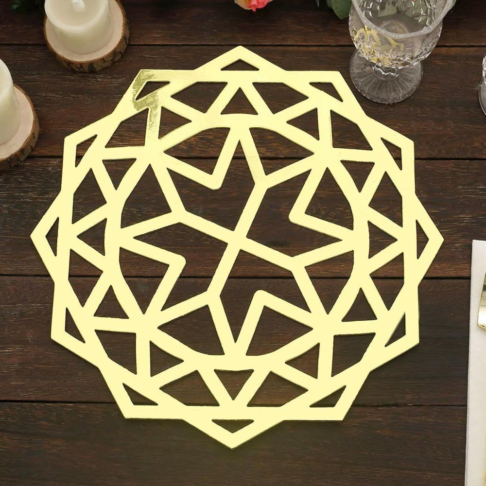 6 Pack Metallic Gold Laser Cut Geometric Star Placemats, 13″ Round Disposable Cardboard Dining Table Mats – 700 GSM  |   Disposable Chargers & Placemats Charger Plates Disposable Chargers & Placemats