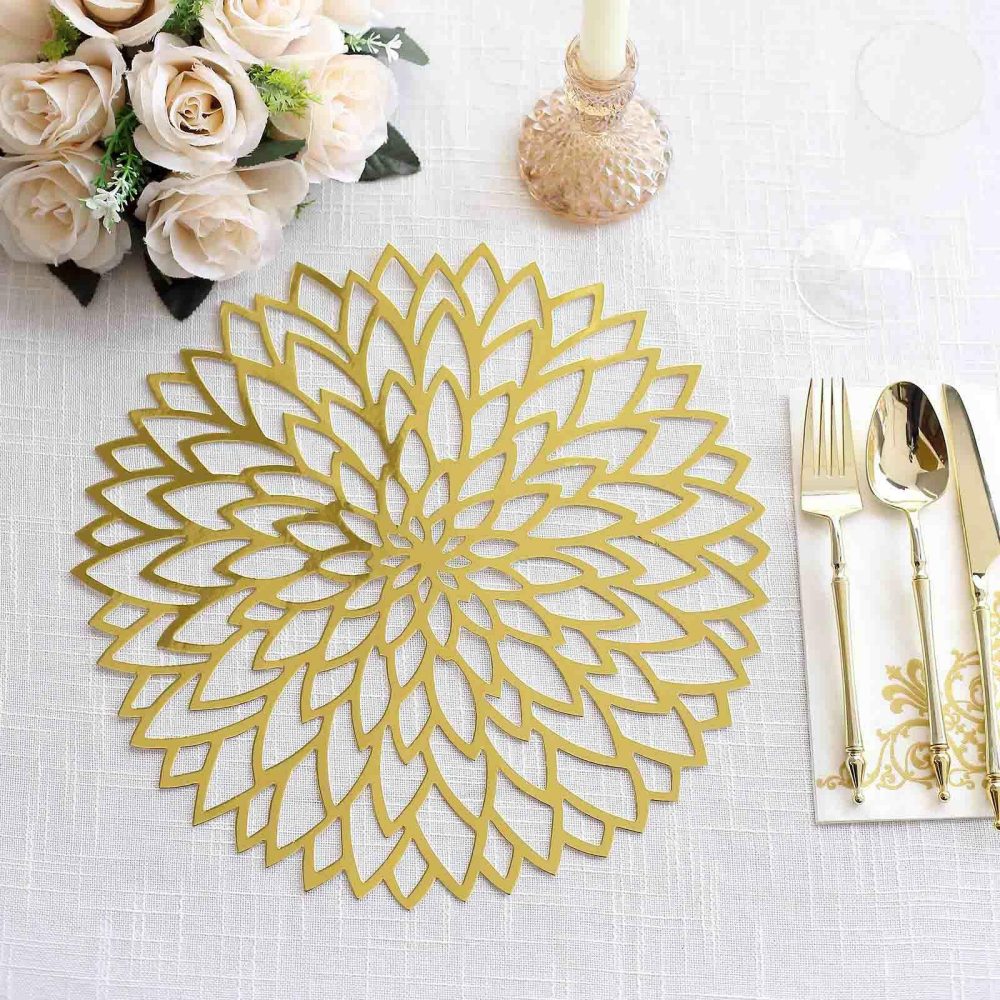 6 Pack Metallic Gold Laser Cut Hibiscus Flower Cardboard Placemats, 13″ Round Disposable Dining Table Mats – 400GSM  |   Paper Chargers & Trays Paper Chargers & Trays Hibiscus Flower