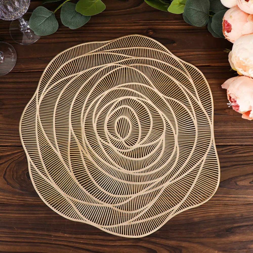 6 Pack Metallic Gold Round Washable Rose Flower Placemats, Non Slip Vinyl Dining Table Mats 15″  |   Reusable Placemats Charger Plates Metallic Gold