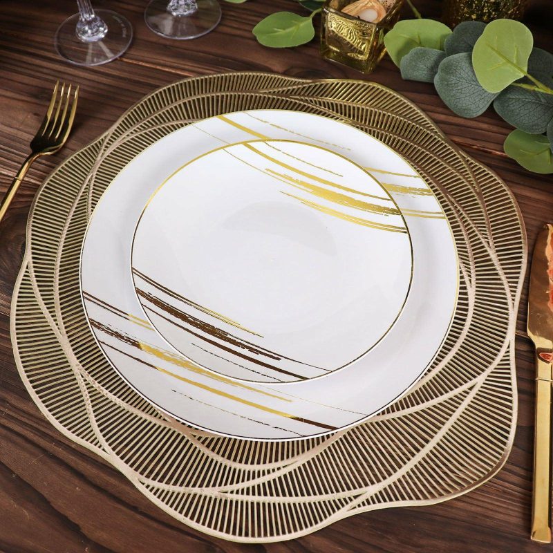 6 Pack Metallic Gold Round Washable Rose Flower Placemats, Non Slip Vinyl Dining Table Mats 15″  |   Reusable Placemats Charger Plates Metallic Gold