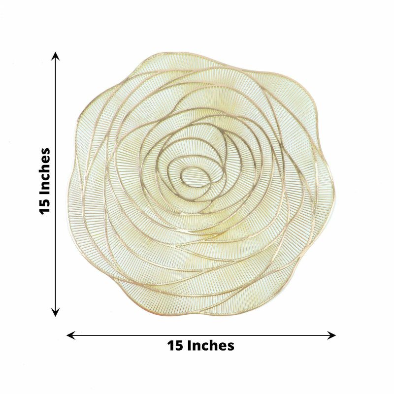 6 Pack Metallic Gold Round Washable Rose Flower Placemats, Non Slip Vinyl Dining Table Mats 15″  |   Reusable Placemats Charger Plates Metallic Gold