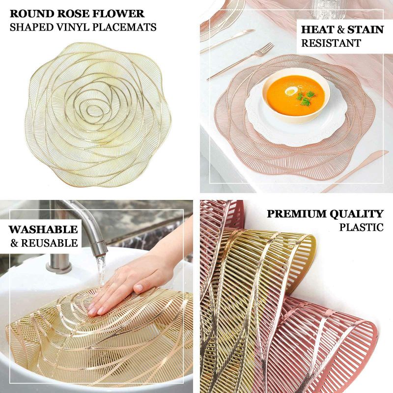 6 Pack Metallic Gold Round Washable Rose Flower Placemats, Non Slip Vinyl Dining Table Mats 15″  |   Reusable Placemats Charger Plates Metallic Gold