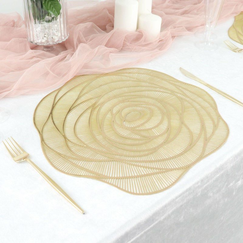 6 Pack Metallic Gold Round Washable Rose Flower Placemats, Non Slip Vinyl Dining Table Mats 15″  |   Reusable Placemats Charger Plates Metallic Gold