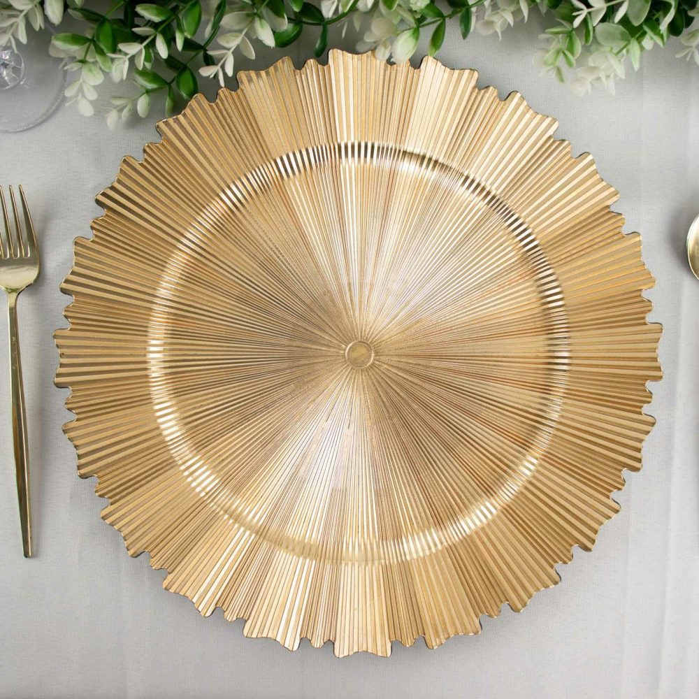 6 Pack Metallic Gold Sunray Acrylic Plastic Serving Plates, Round Scalloped Rim Disposable Charger Plates 13″  |   Acrylic Charger Plates Acrylic Charger Plates Acrylic Charger Plates