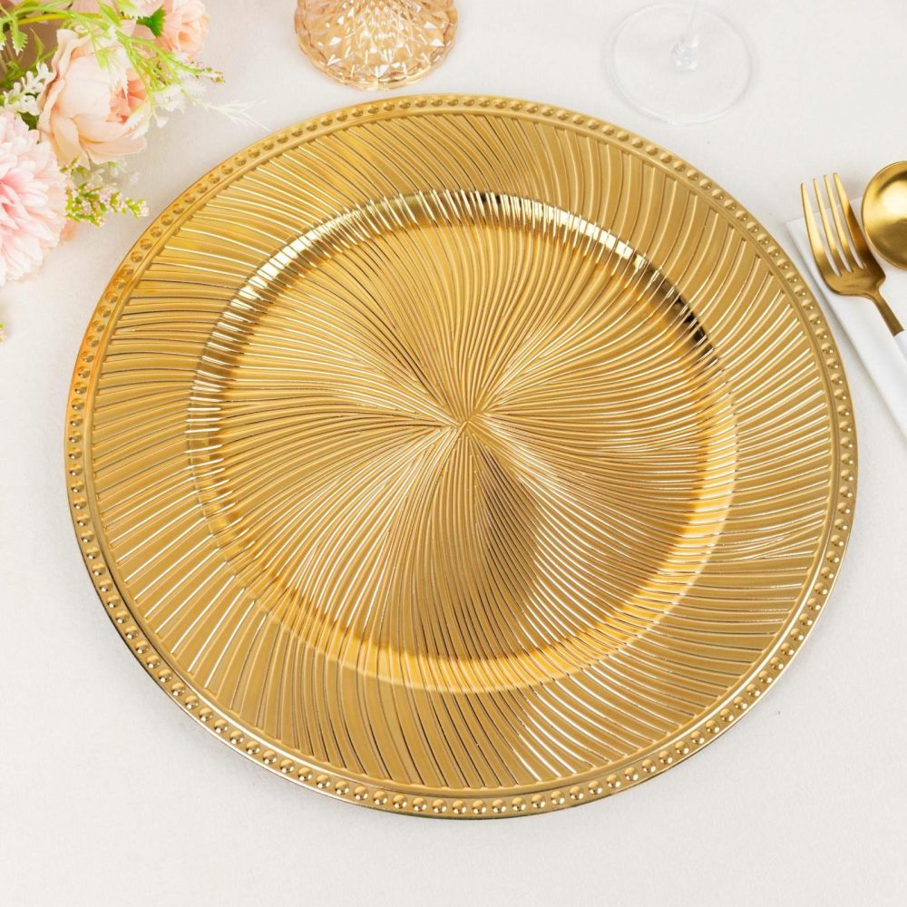 6 Pack Metallic Gold Swirl Pattern Acrylic Charger Plates With Beaded Rim, 13″ Round Plastic Decorative Serving Plates  |   Acrylic Charger Plates Acrylic Charger Plates Acrylic Charger Plates