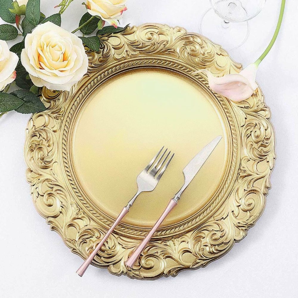 6 Pack Metallic Gold Vintage Plastic Serving Plates With Engraved Baroque Rim, Round Disposable Charger Plates 14″  |   Acrylic Charger Plates Acrylic Charger Plates Acrylic Charger Plates