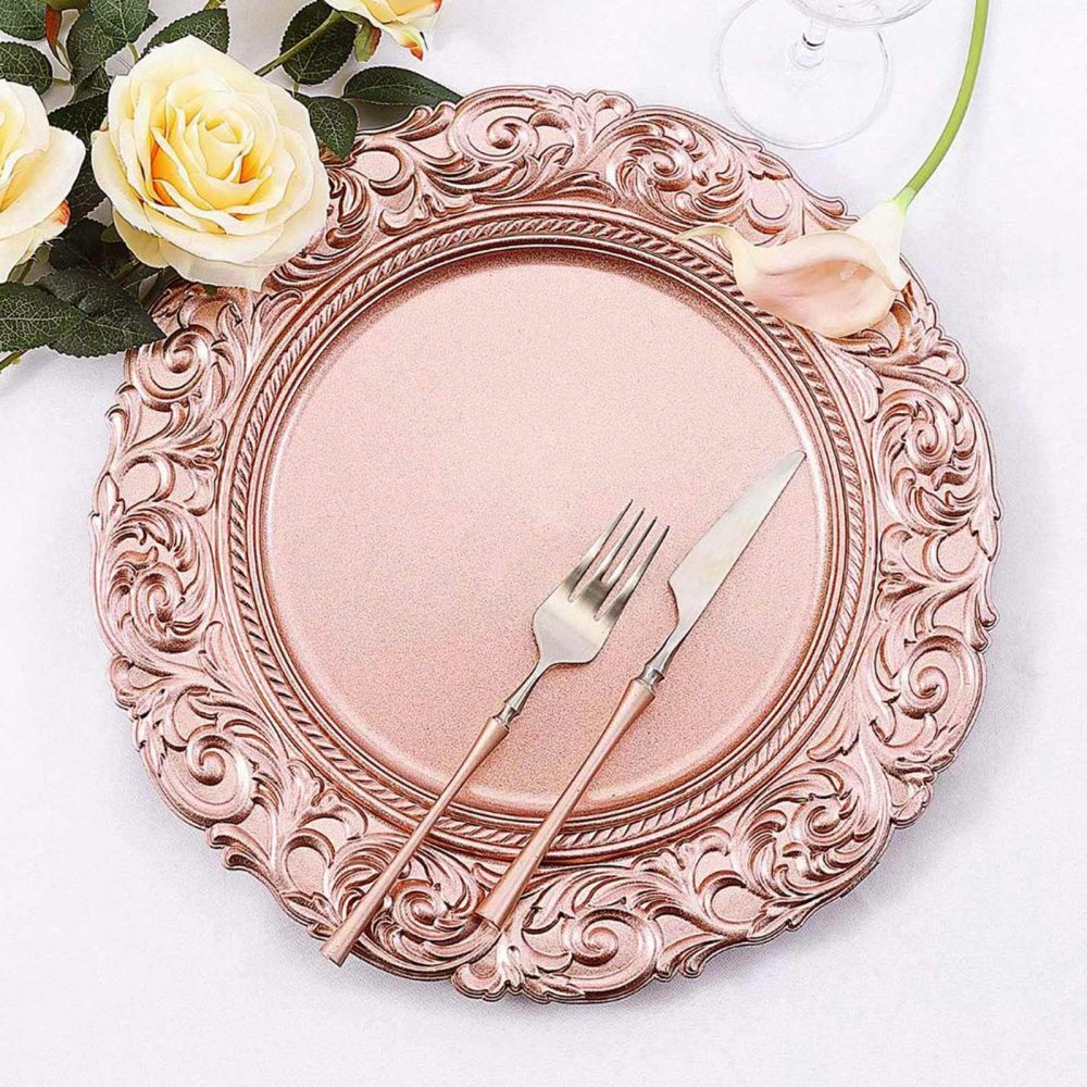 6 Pack Metallic Rose Gold Vintage Plastic Serving Plates With Engraved Baroque Rim, Round Disposable Charger Plates 14″  |   Acrylic Charger Plates Acrylic Charger Plates Acrylic Charger Plates