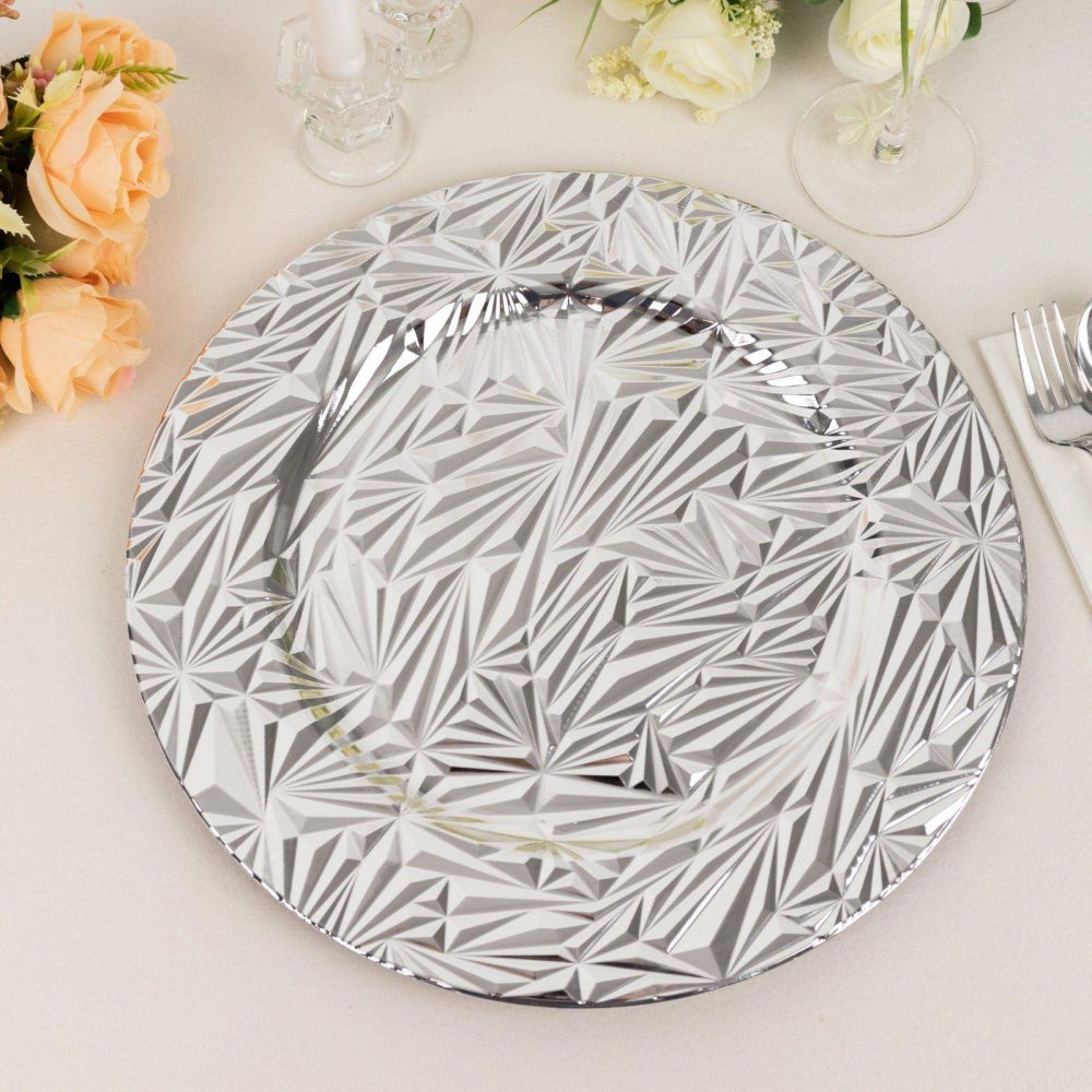 6 Pack Metallic Silver Rock Cut Acrylic Charger Plates, 13″ Round Plastic Dinner Serving Plates  |   Acrylic Charger Plates Acrylic Charger Plates Acrylic Charger Plates