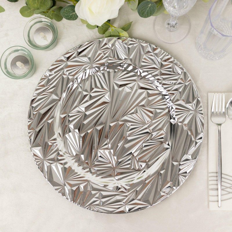 6 Pack Metallic Silver Rock Cut Acrylic Charger Plates, 13″ Round Plastic Dinner Serving Plates  |   Acrylic Charger Plates Acrylic Charger Plates Acrylic Charger Plates