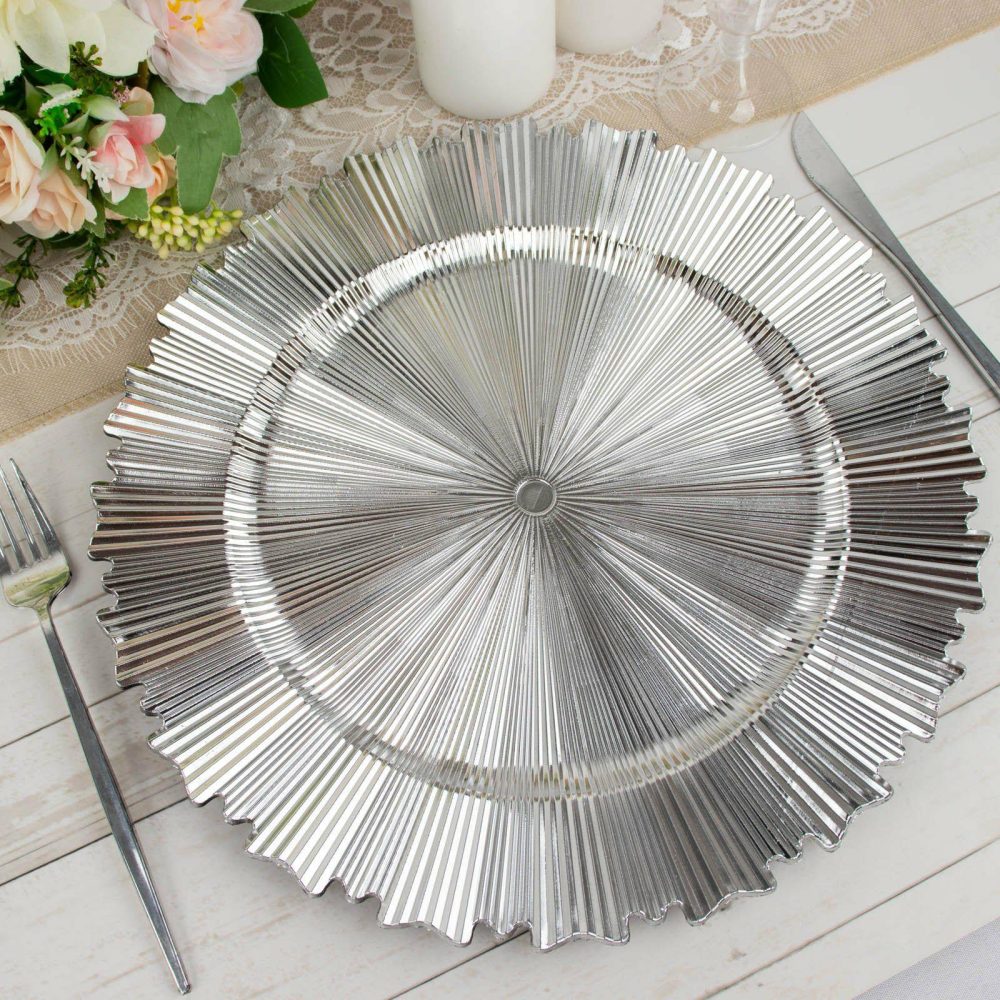 6 Pack Metallic Silver Sunray Acrylic Plastic Serving Plates, Round Scalloped Rim Disposable Charger Plates 13″  |   Acrylic Charger Plates Acrylic Charger Plates Acrylic Charger Plates