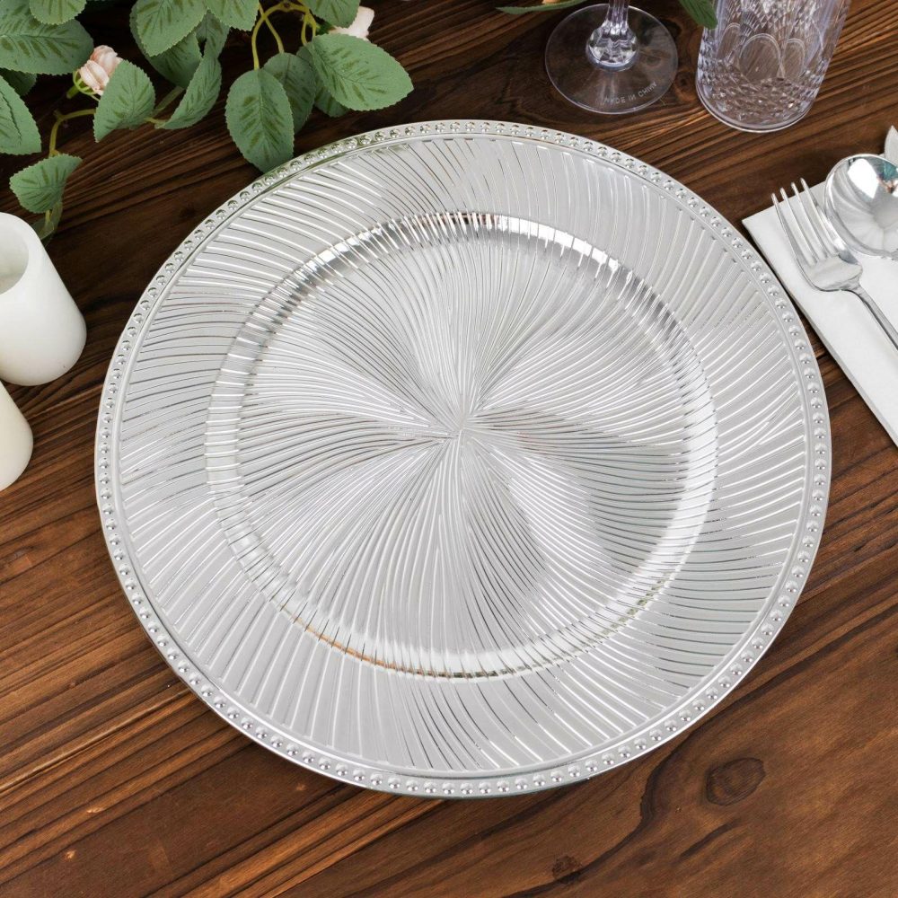 6 Pack Metallic Silver Swirl Pattern Acrylic Charger Plates With Beaded Rim, 13″ Round Plastic Decorative Serving Plates  |   Acrylic Charger Plates Acrylic Charger Plates Acrylic Charger Plates