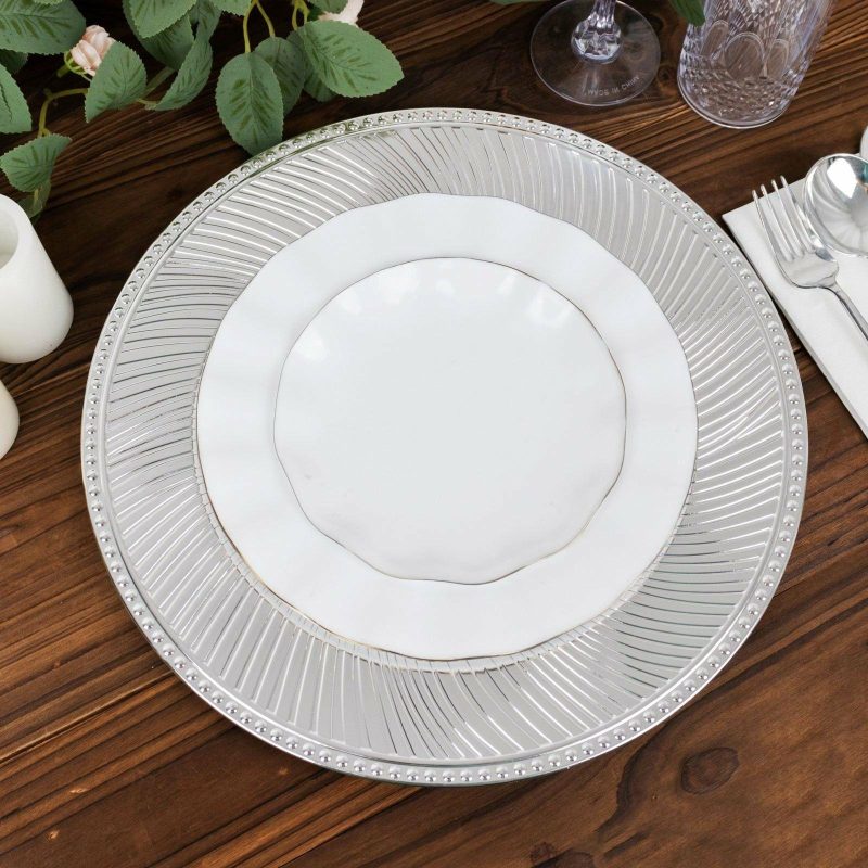 6 Pack Metallic Silver Swirl Pattern Acrylic Charger Plates With Beaded Rim, 13″ Round Plastic Decorative Serving Plates  |   Acrylic Charger Plates Acrylic Charger Plates Acrylic Charger Plates