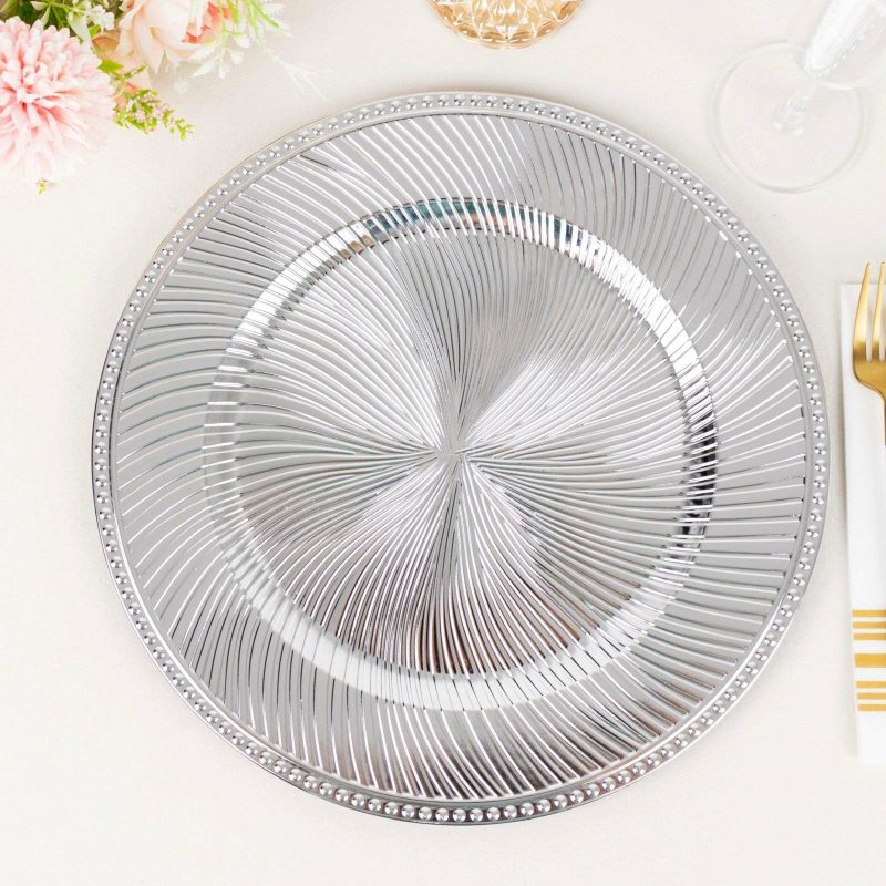 6 Pack Metallic Silver Swirl Pattern Acrylic Charger Plates With Beaded Rim, 13″ Round Plastic Decorative Serving Plates  |   Acrylic Charger Plates Acrylic Charger Plates Acrylic Charger Plates